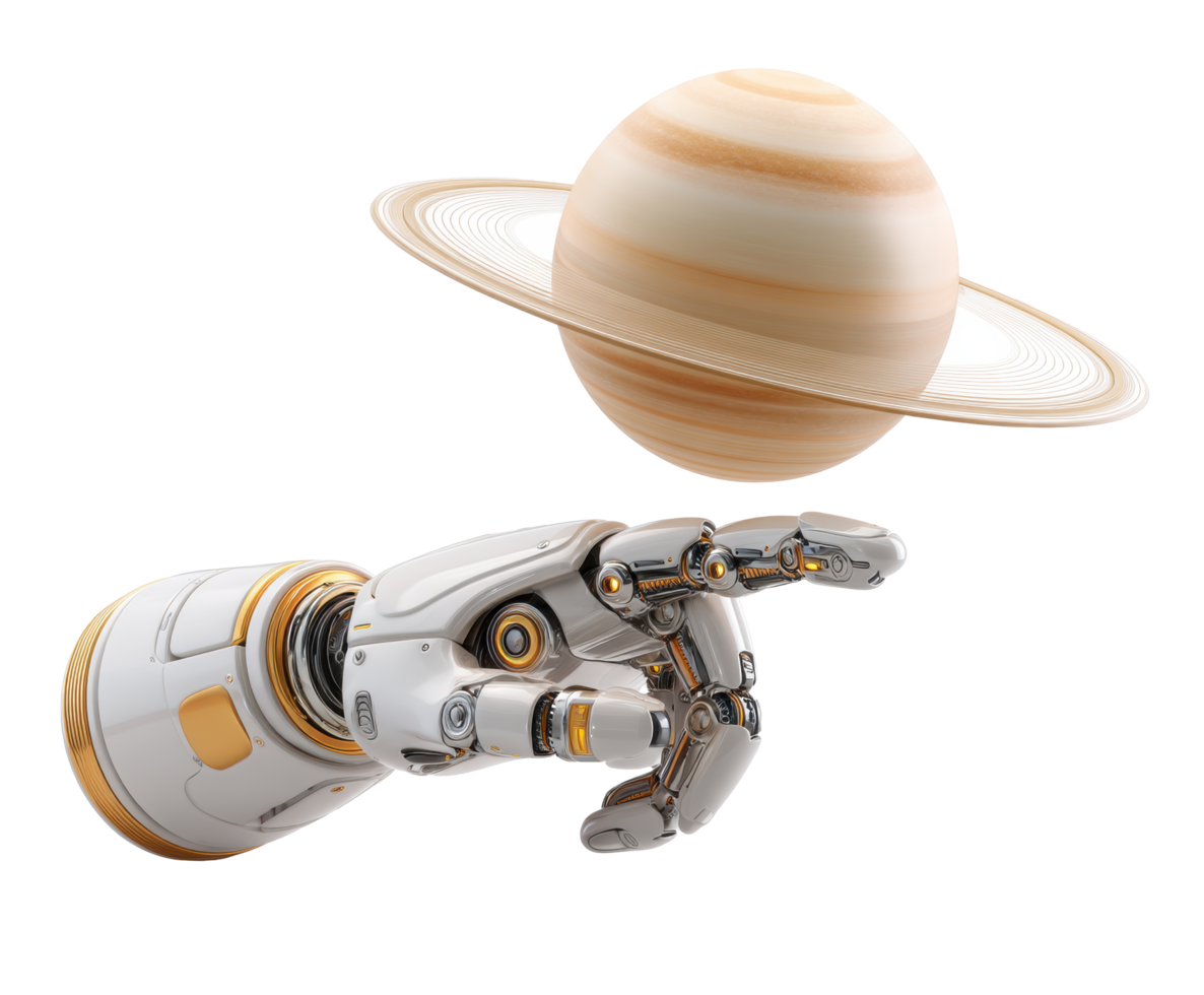 Futuristic robotic hand reaching toward Saturn in space exploration png