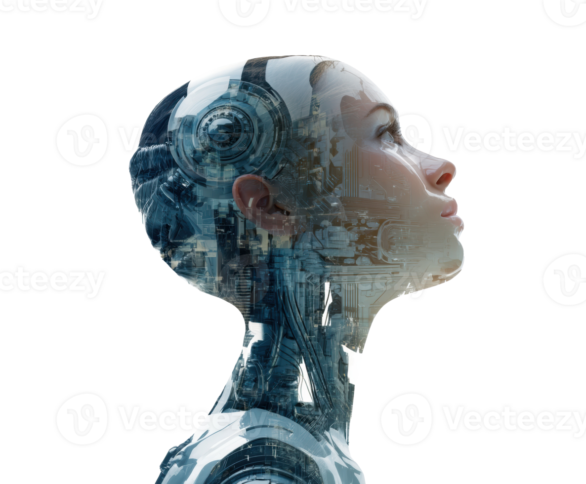 Futuristic concept of a robotic woman with urban architecture png