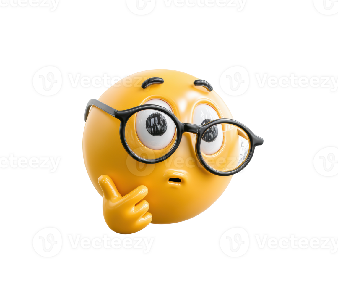 Curious emoji character in glasses thinking deeply in a playful way png
