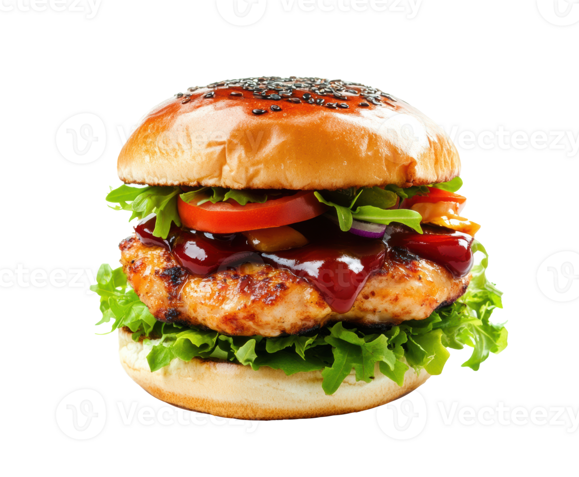 Grilled chicken burger with fresh vegetables and sauce png