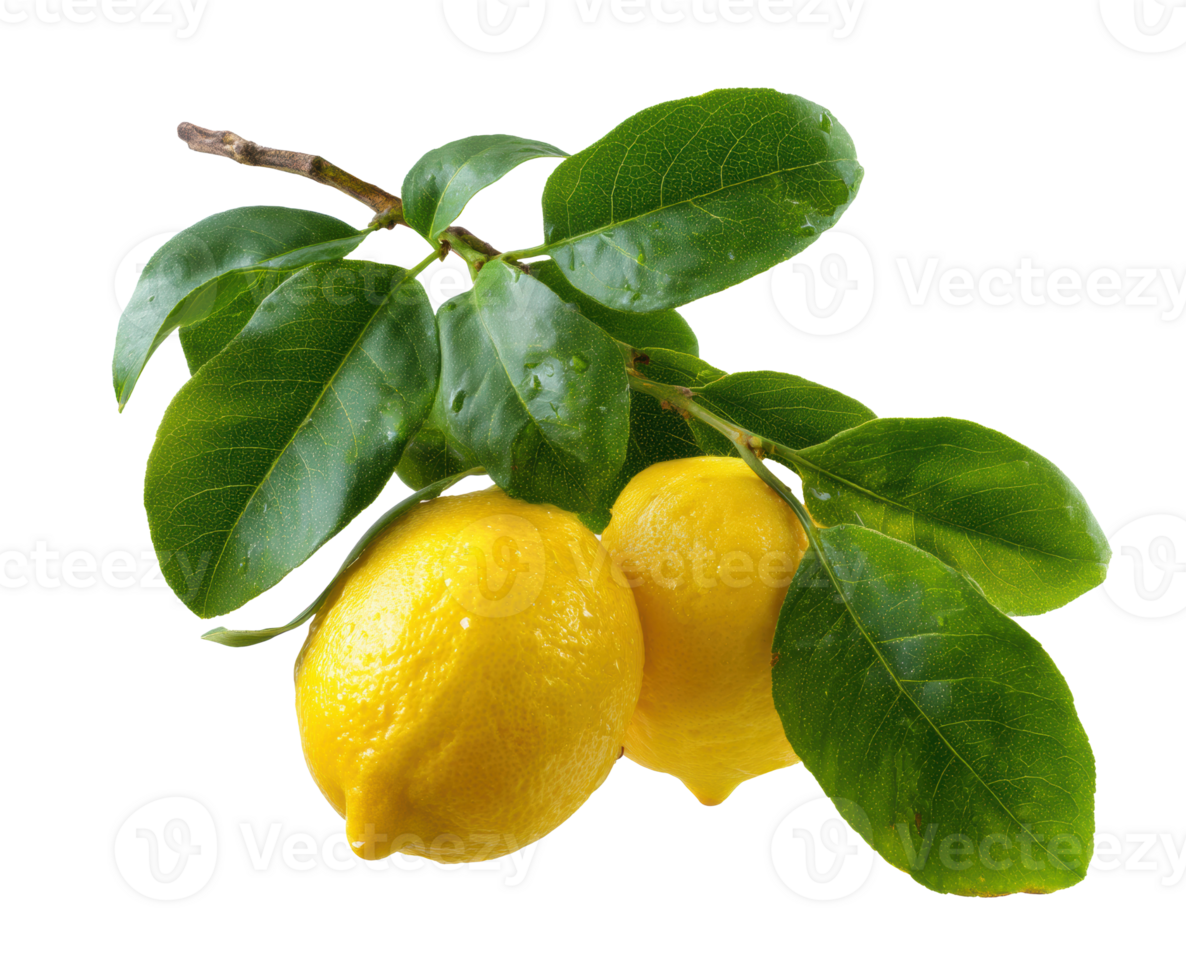 Fresh lemons hanging from green branch in bright natural setting png