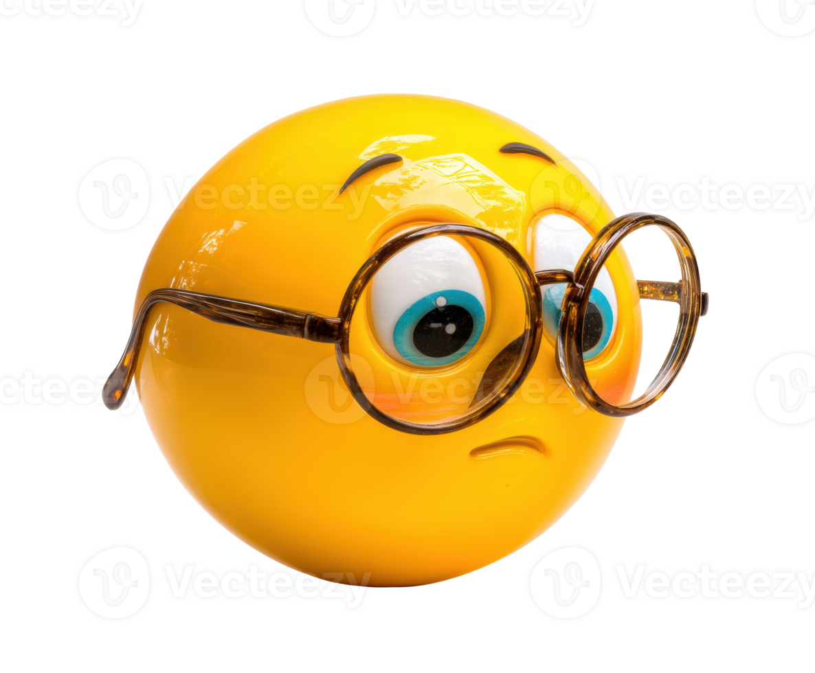 Thoughtful yellow emoji with glasses for creative design projects png