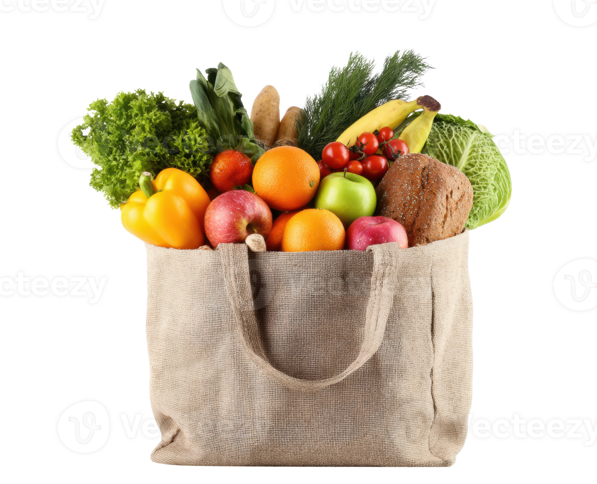 Fresh organic produce in a reusable burlap bag for healthy living png