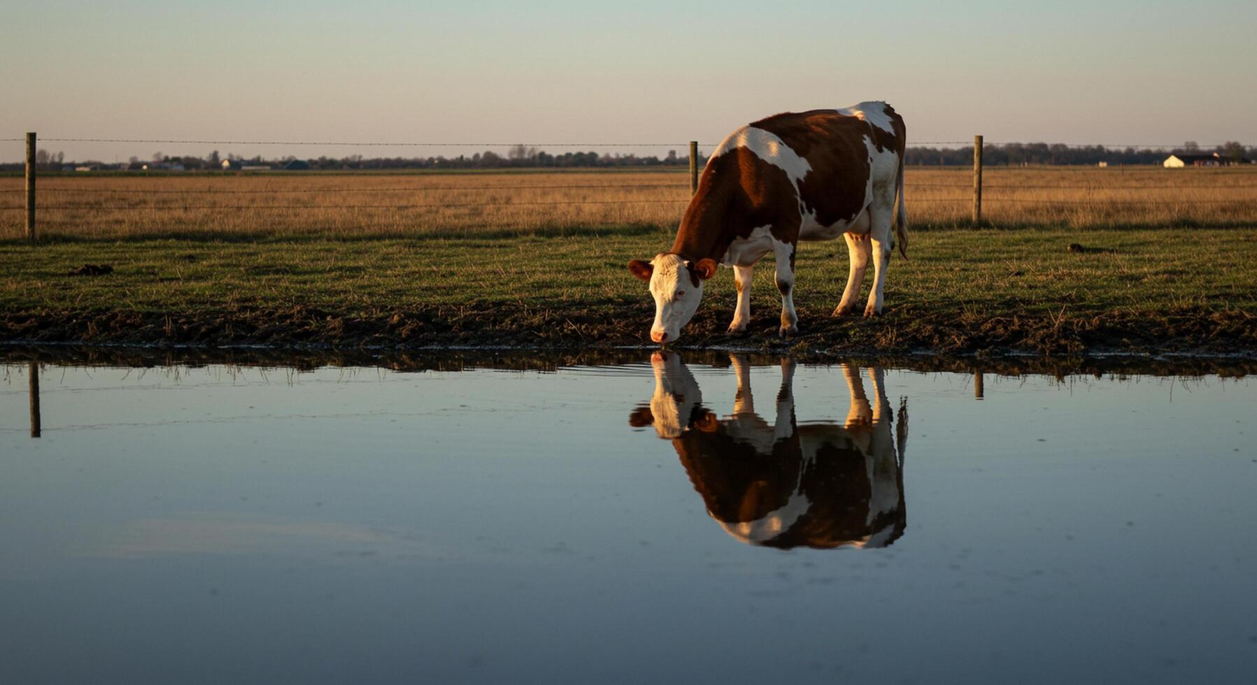 Brown and White Cow Drinking at Sunset in Open Field photo