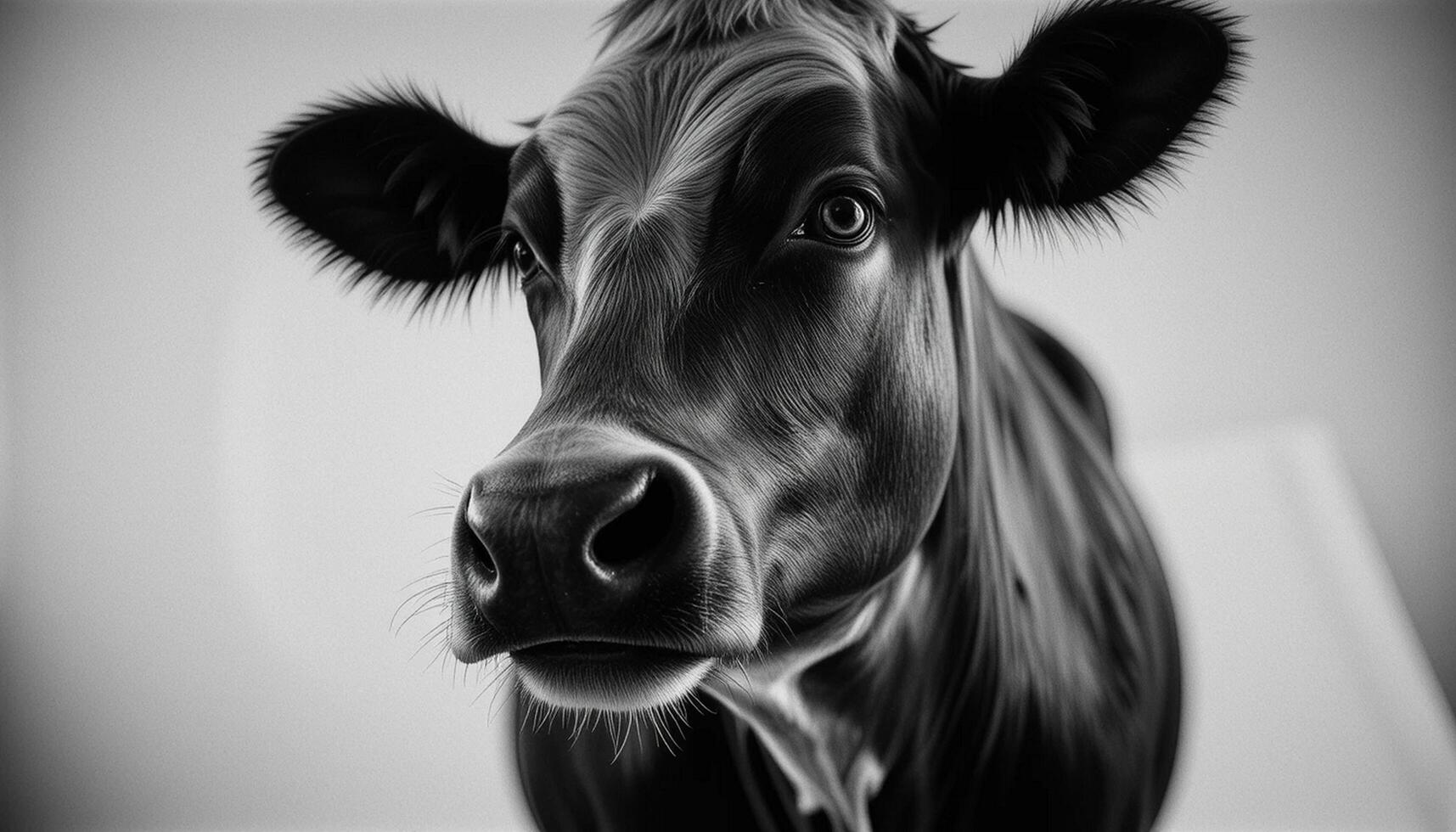A black and white photo of a cow