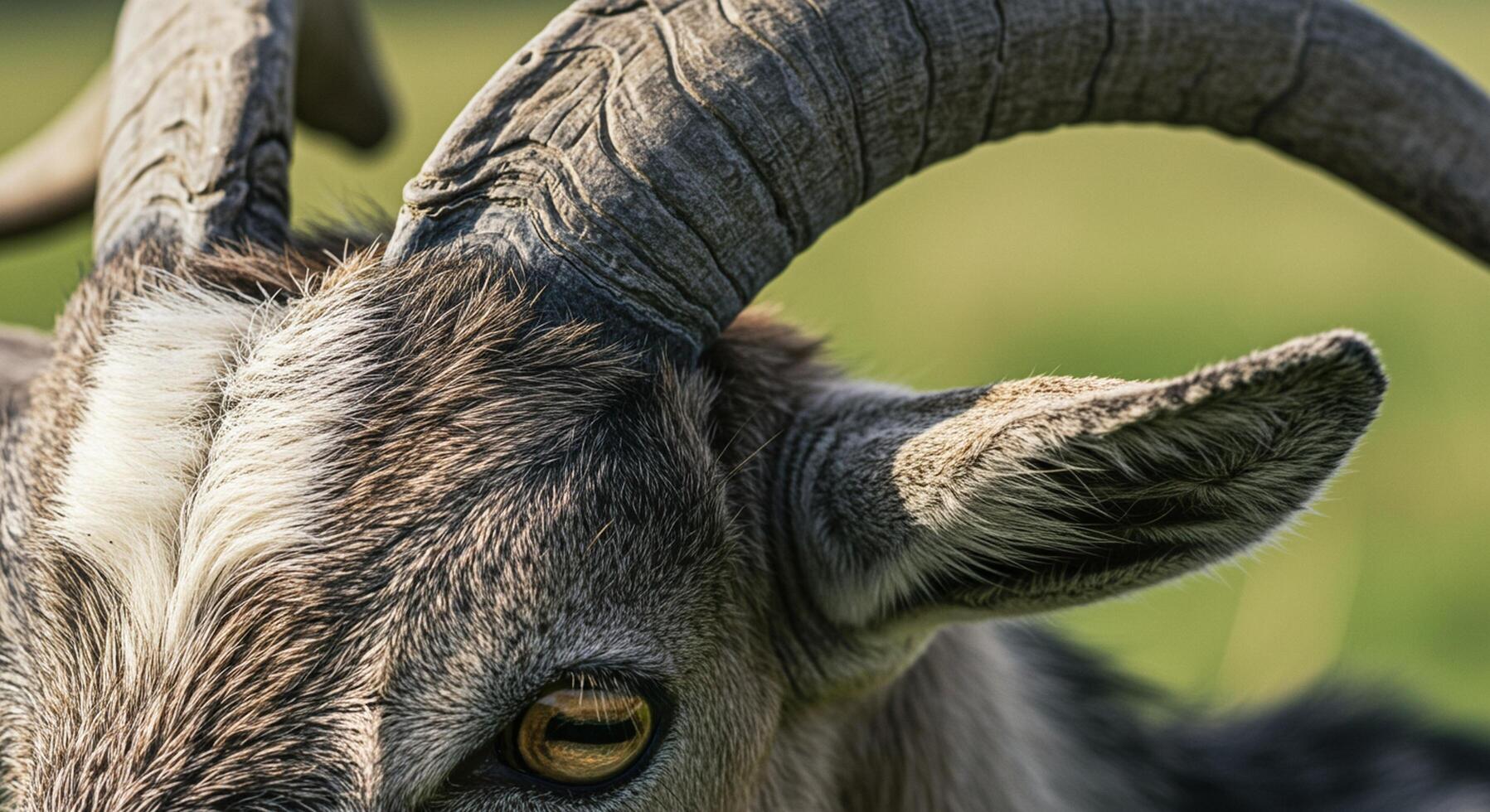 A close up of a goat with large horns photo