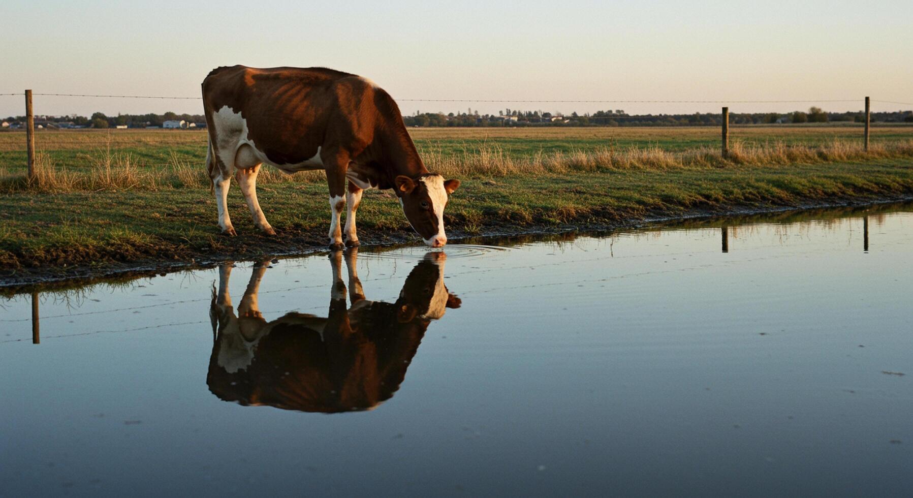 Tranquil Scene of Cow Drinking from Still Water in Pasture photo