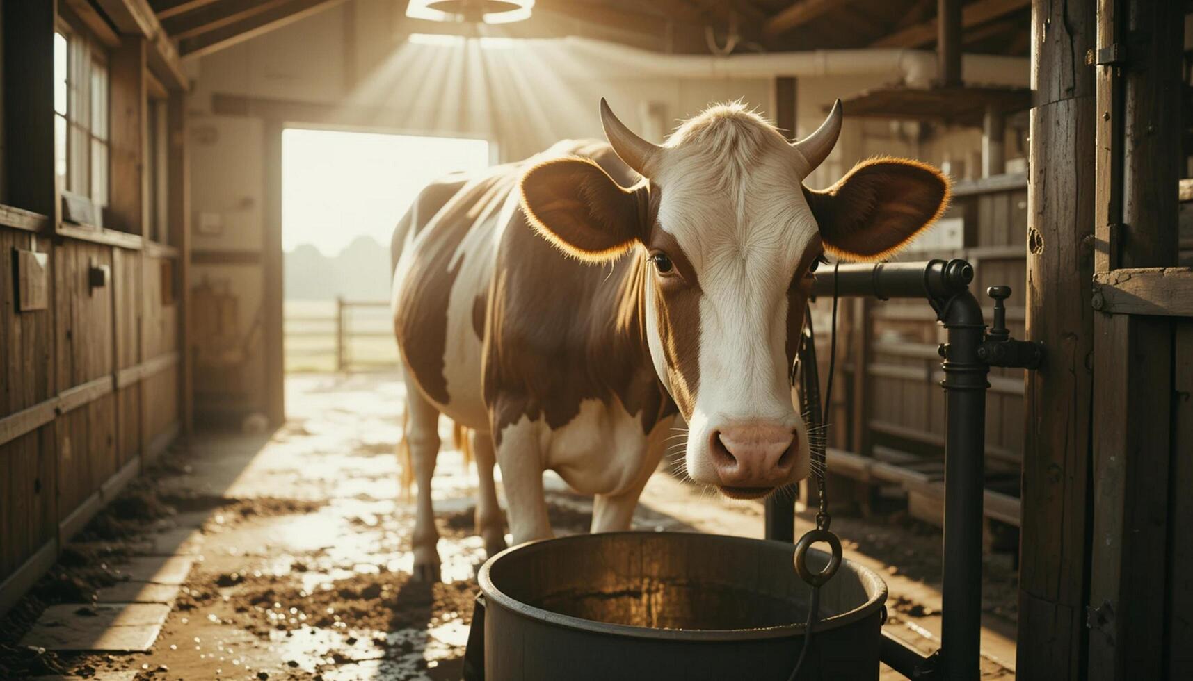 A cow is standing in a barn with a bucket photo