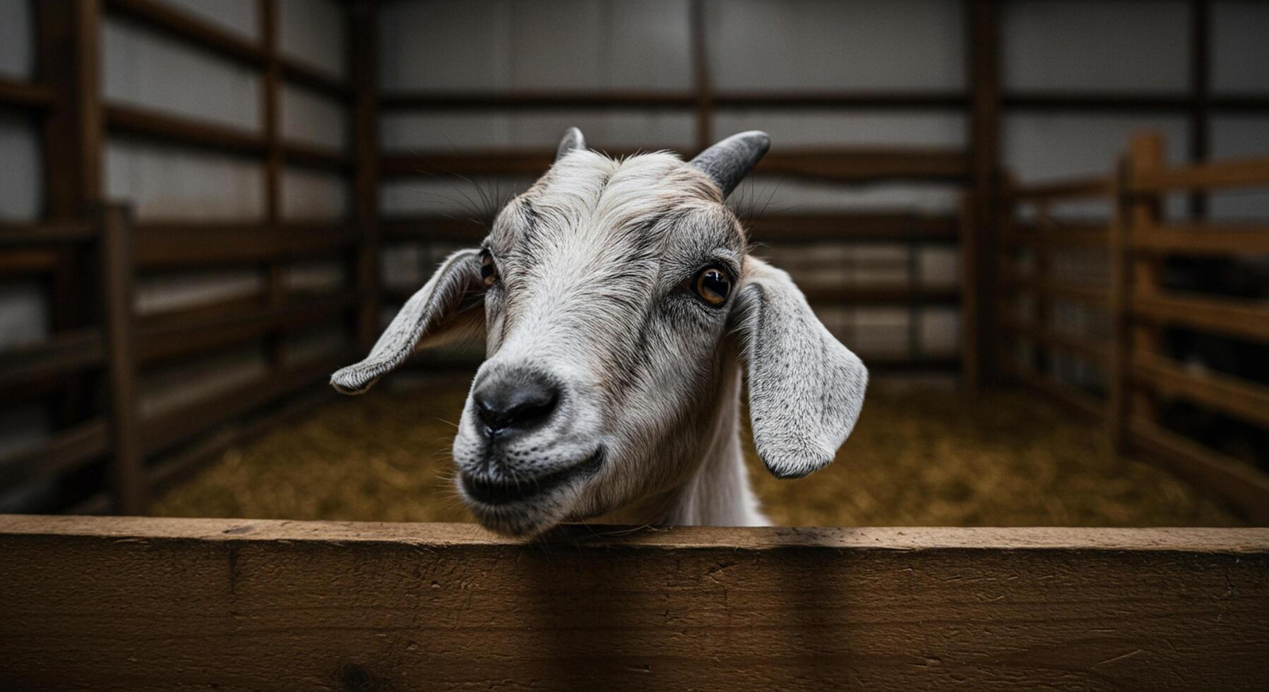 A goat is looking over a fence in a barn photo