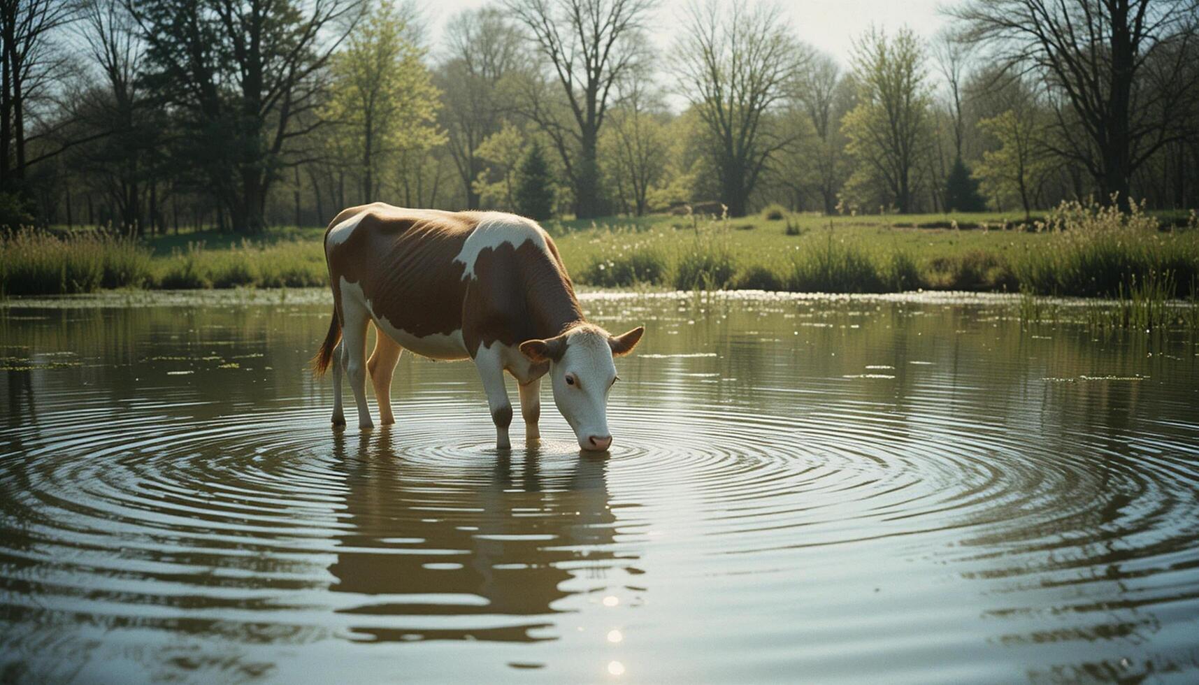 Rural Cow by the Pond at Dusk with Perfect Reflection photo
