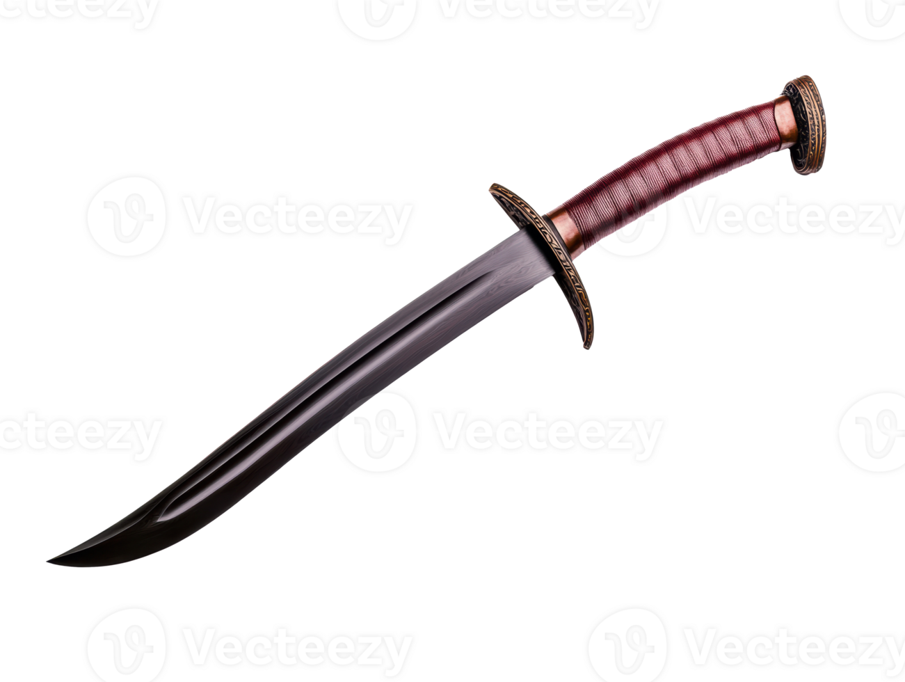 Traditional curved sword with ornate handle design for display png