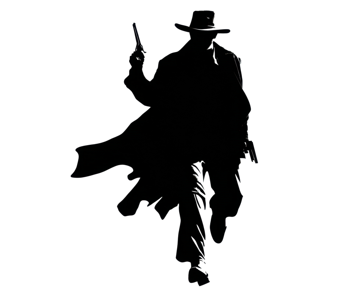 Mysterious cowboy with guns walking confidently in silhouette style png