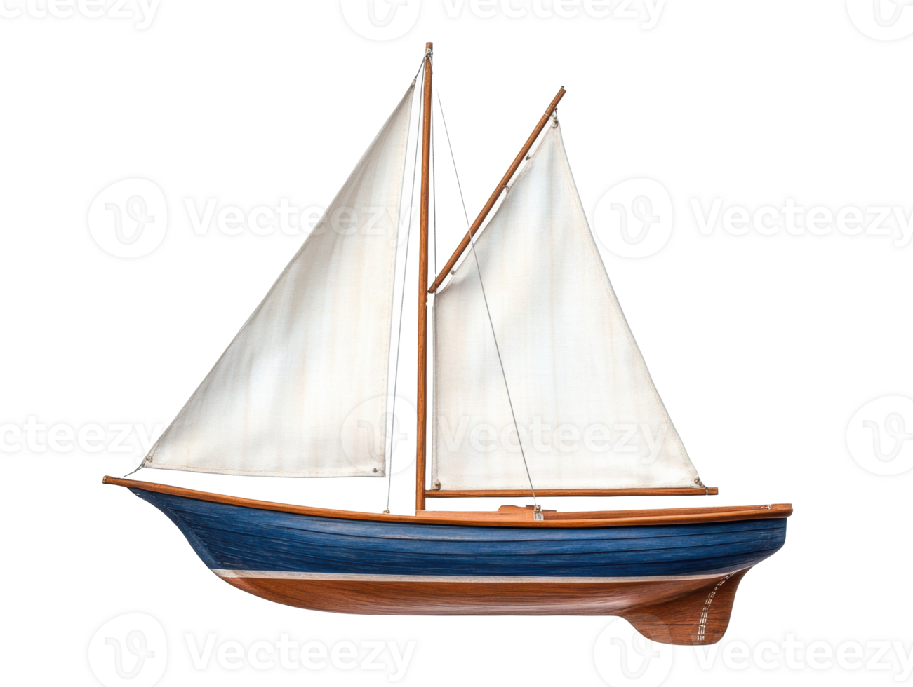 Wooden sailboat with white sails on calm water in a sunny setting png