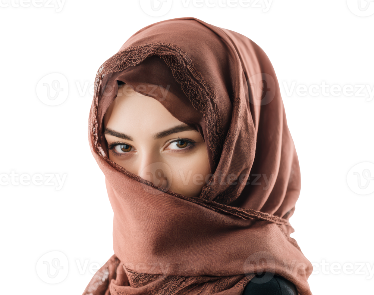 Elegant woman wearing brown headscarf with stunning eyes png