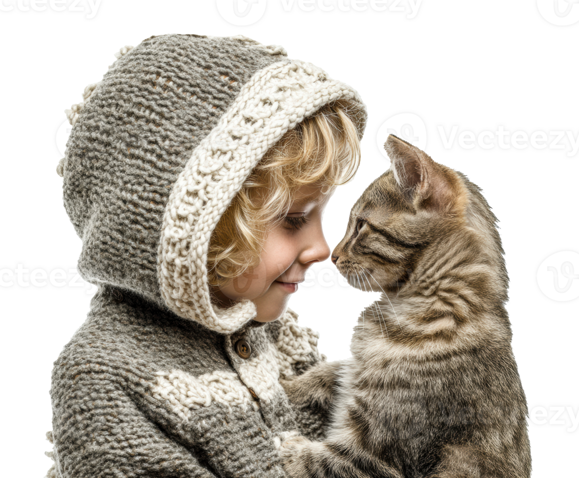 Joyful interaction between a child and a pet cat in cozy attire png