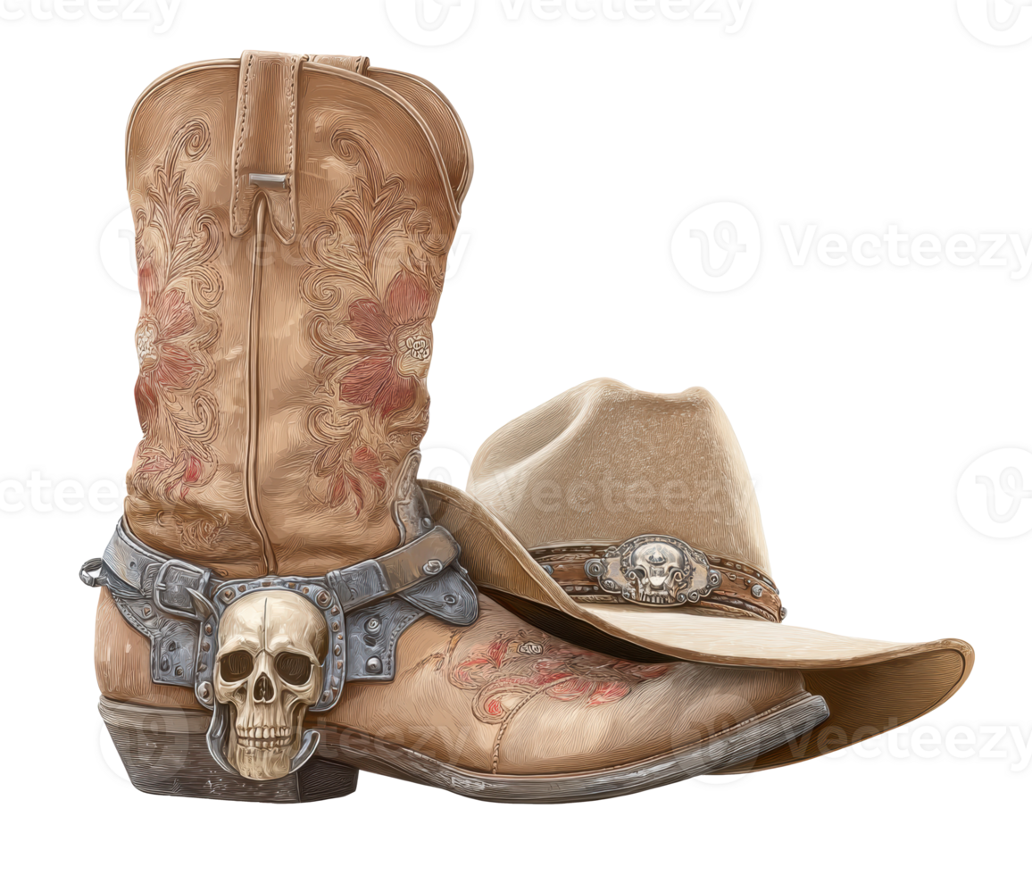 Cowboy boots and hat with skull design for western themes png