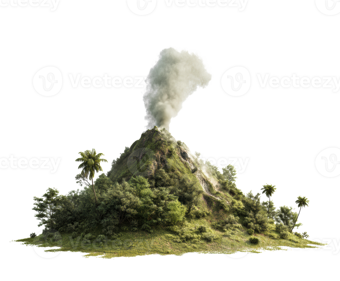 Active volcanic mountain surrounded by lush greenery and palm trees png