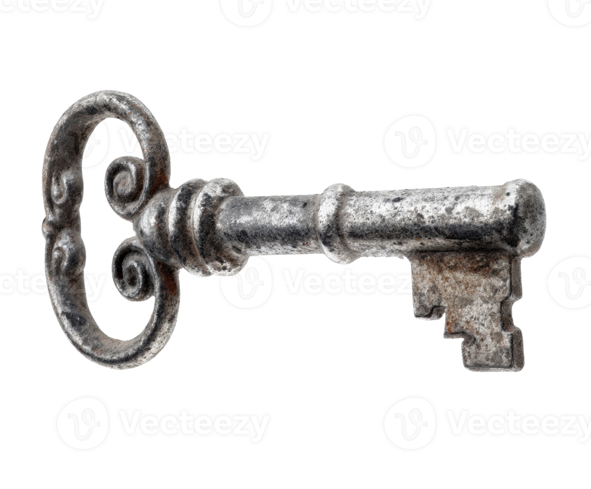 Vintage metal key with ornate design for various creative projects png