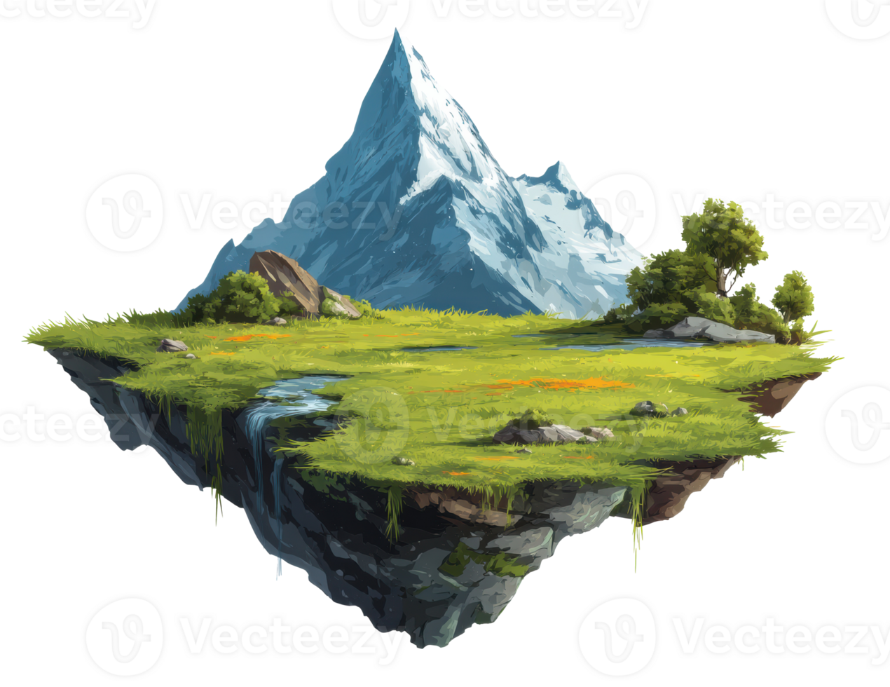 Floating mountain landscape with lush greenery and serene river png