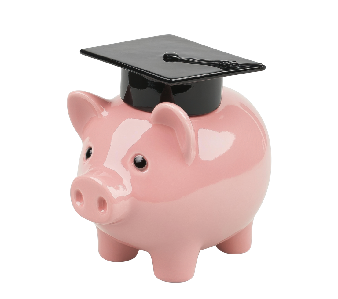 Piggy bank with graduation cap symbolizing savings for education png