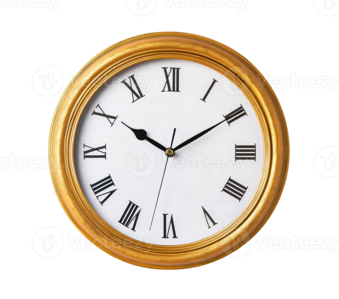 Elegant golden wall clock with Roman numerals showing time png