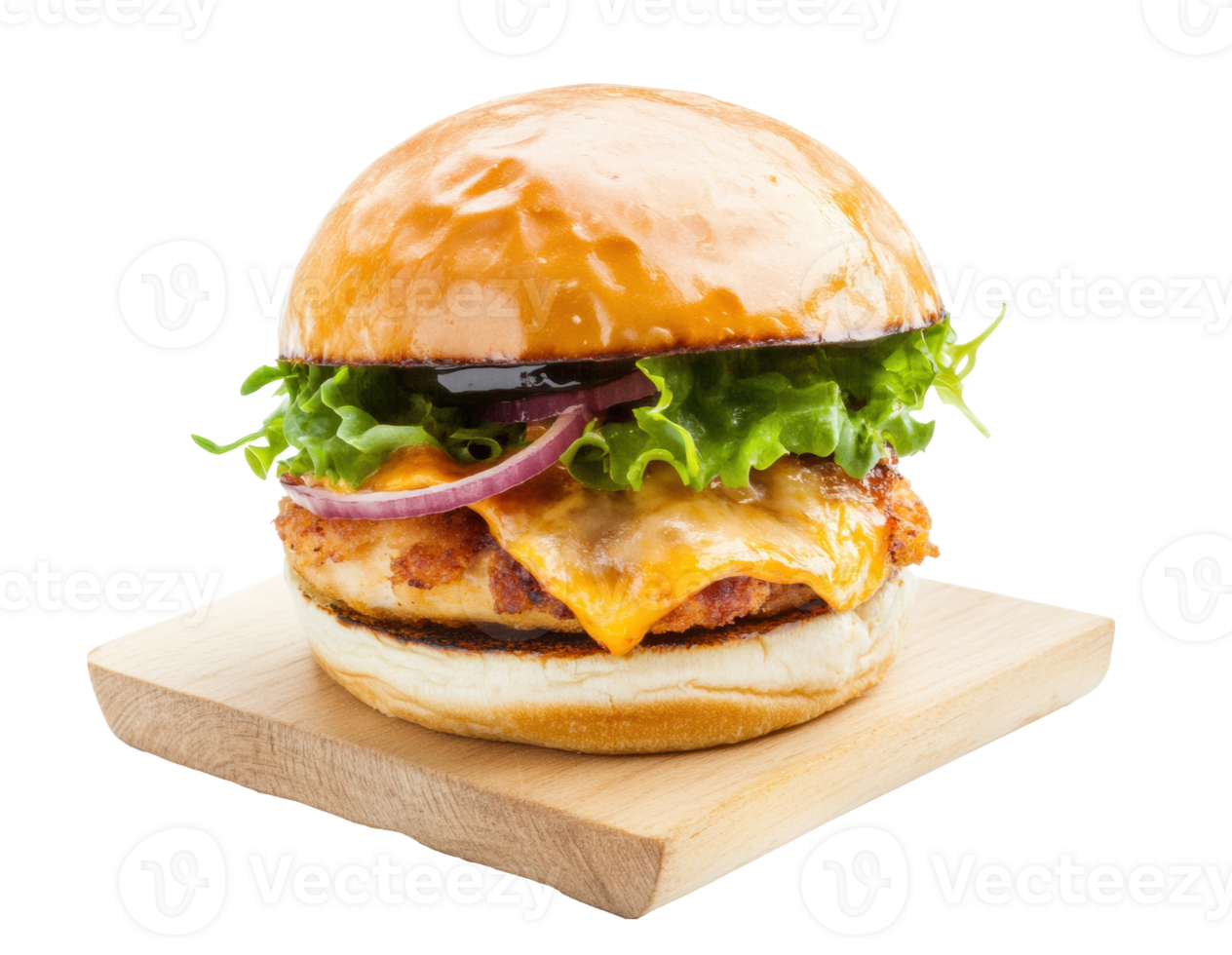 Delicious chicken burger with fresh lettuce and cheese on wooden board png