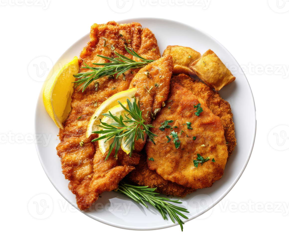 Crispy fried fish fillets with lemon and herbs for a delicious meal png