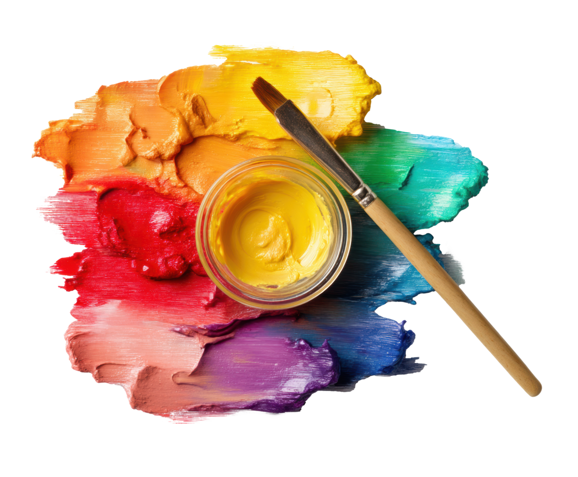 Vibrant paint colors with brush and jar for creative projects png