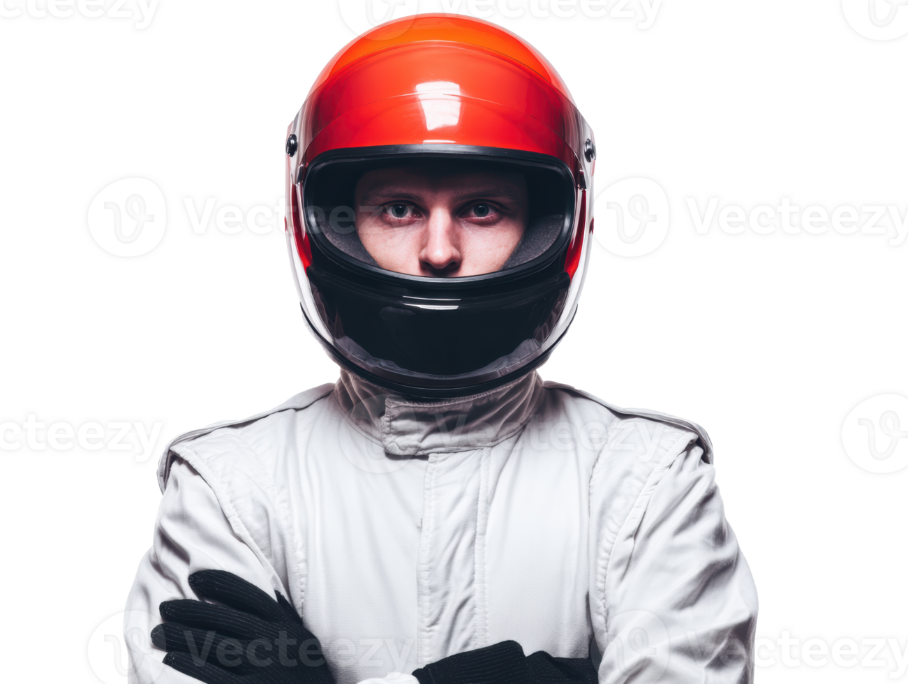 Racing driver in full gear posing confidently for portrait png