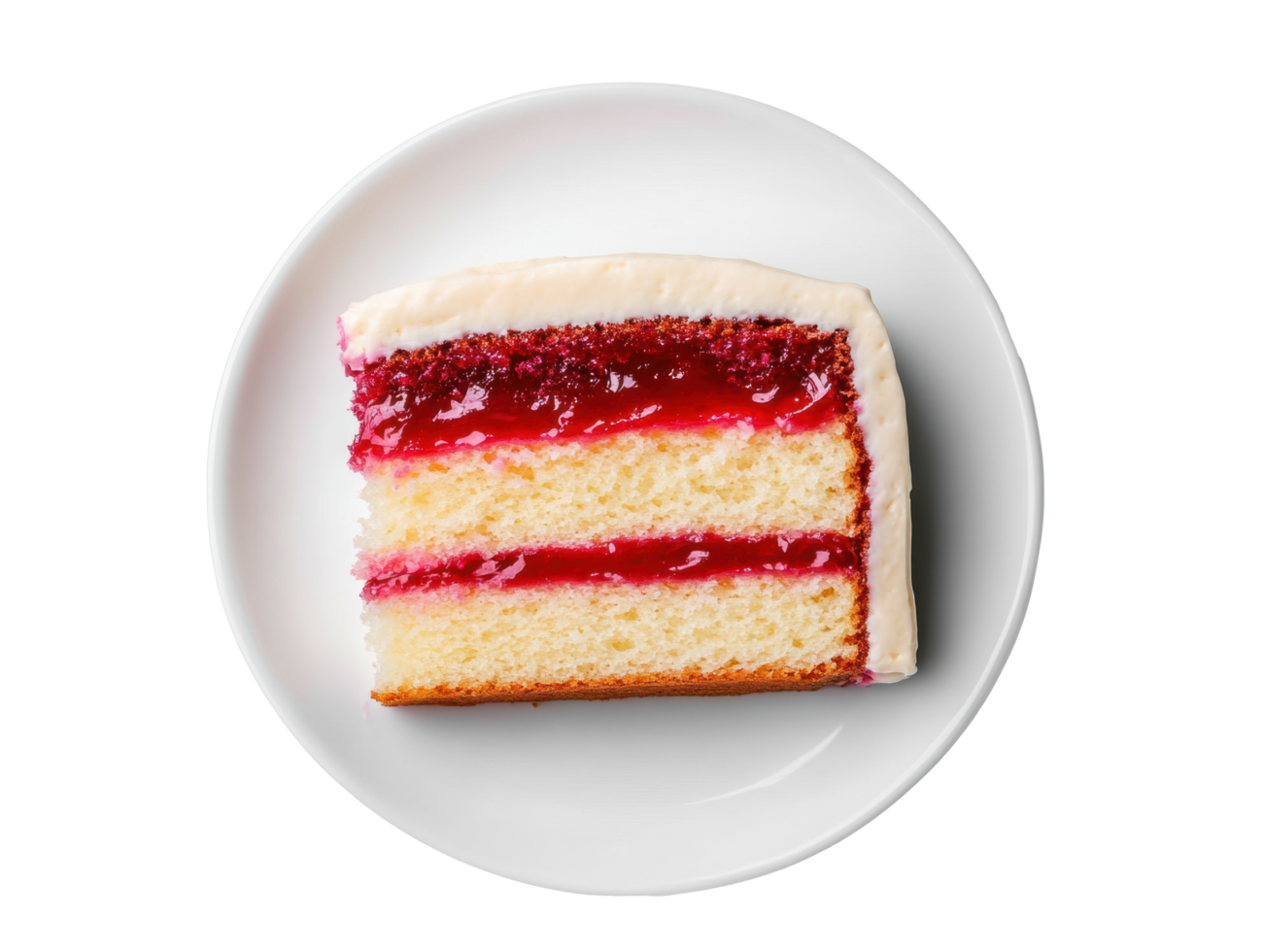 Delicious layered cake slice on a plate with berry filling png