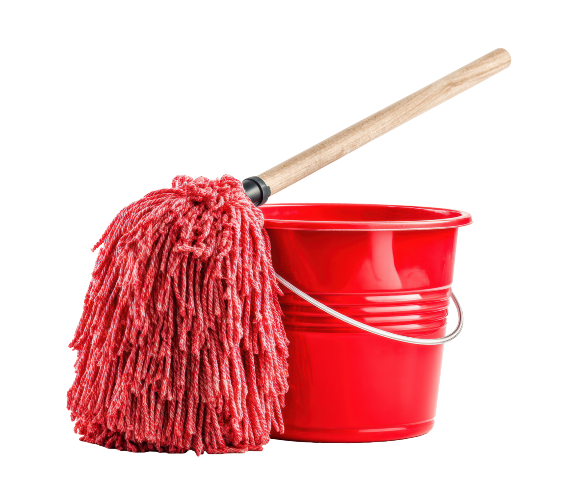 Cleaning supplies with mop and red bucket for home maintenance png