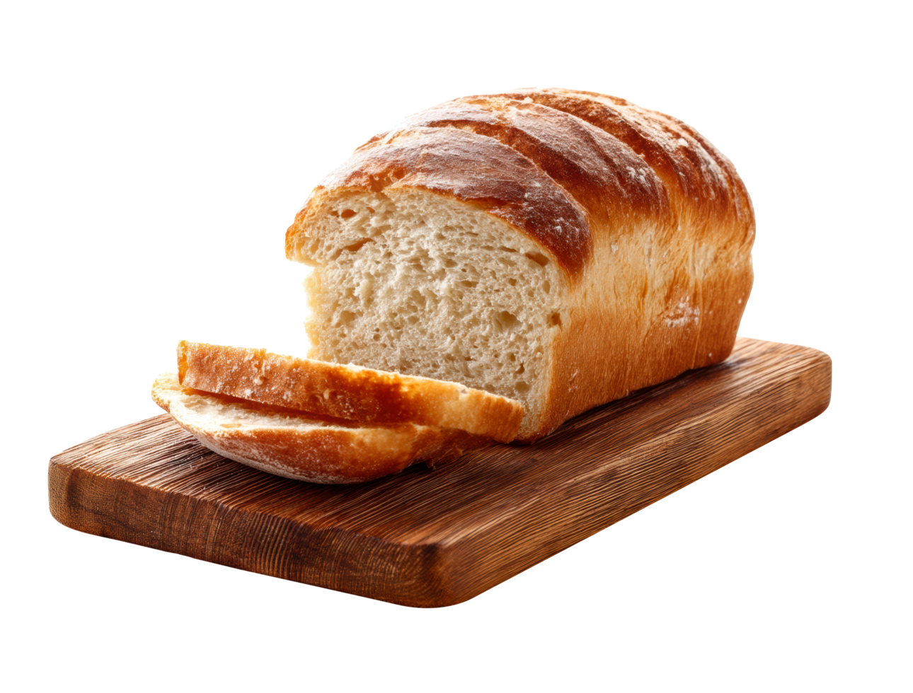 Freshly baked bread loaf on a wooden cutting board for culinary use png
