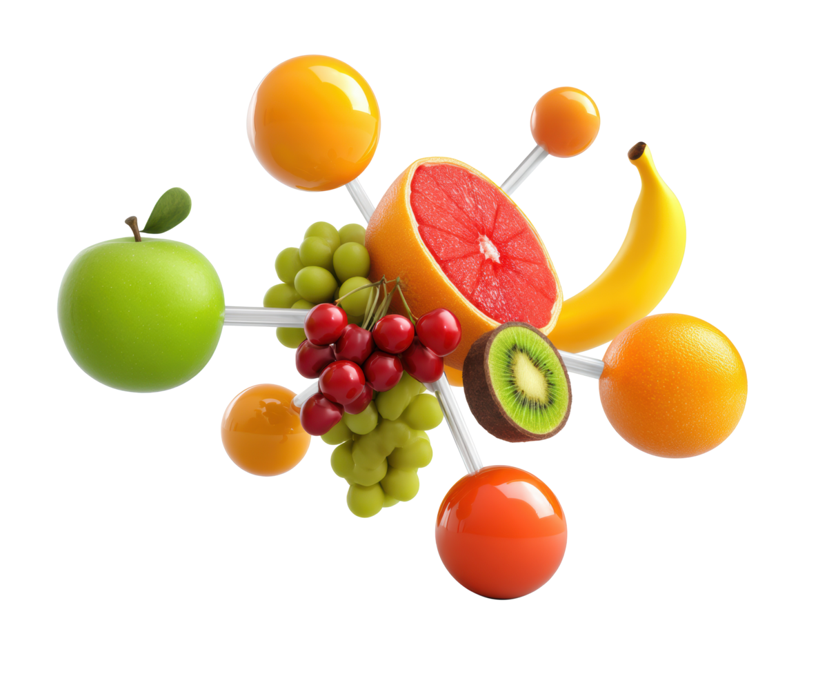 Concept of healthy eating with colorful fruits and atoms png
