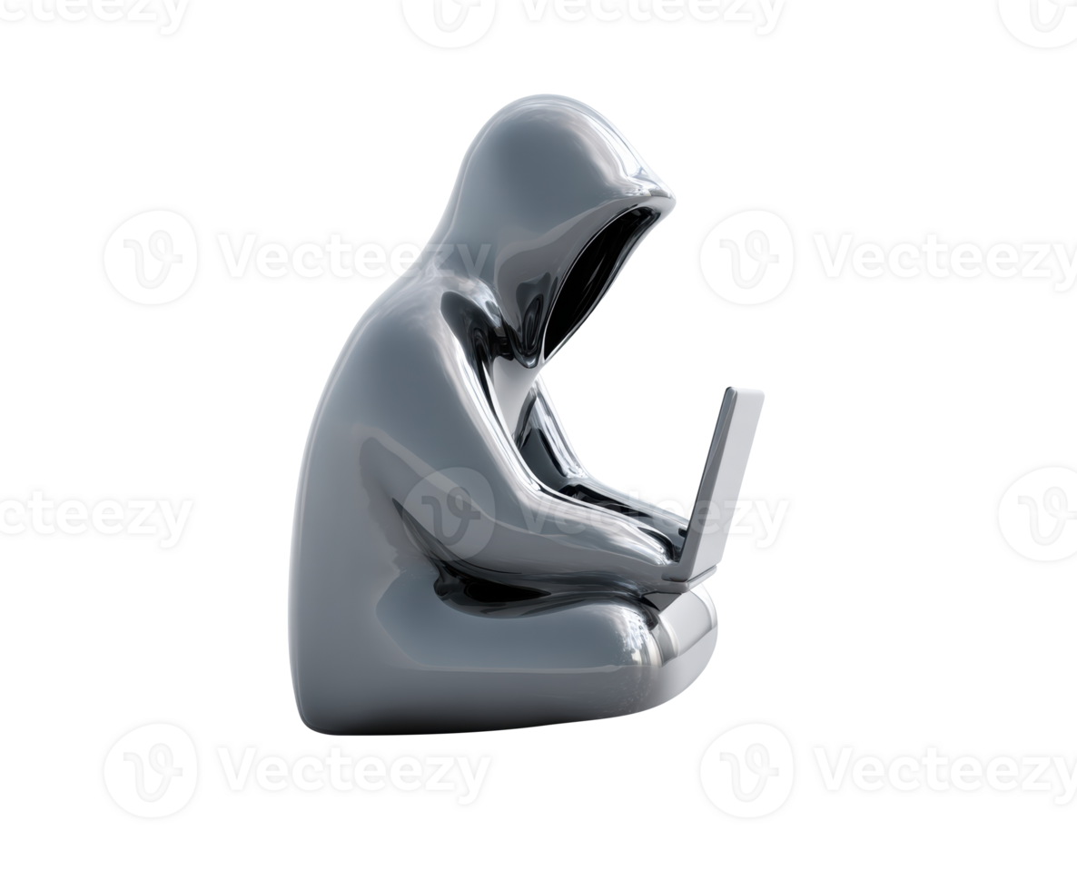 A hooded figure sits in a relaxed position, intently using a laptop png