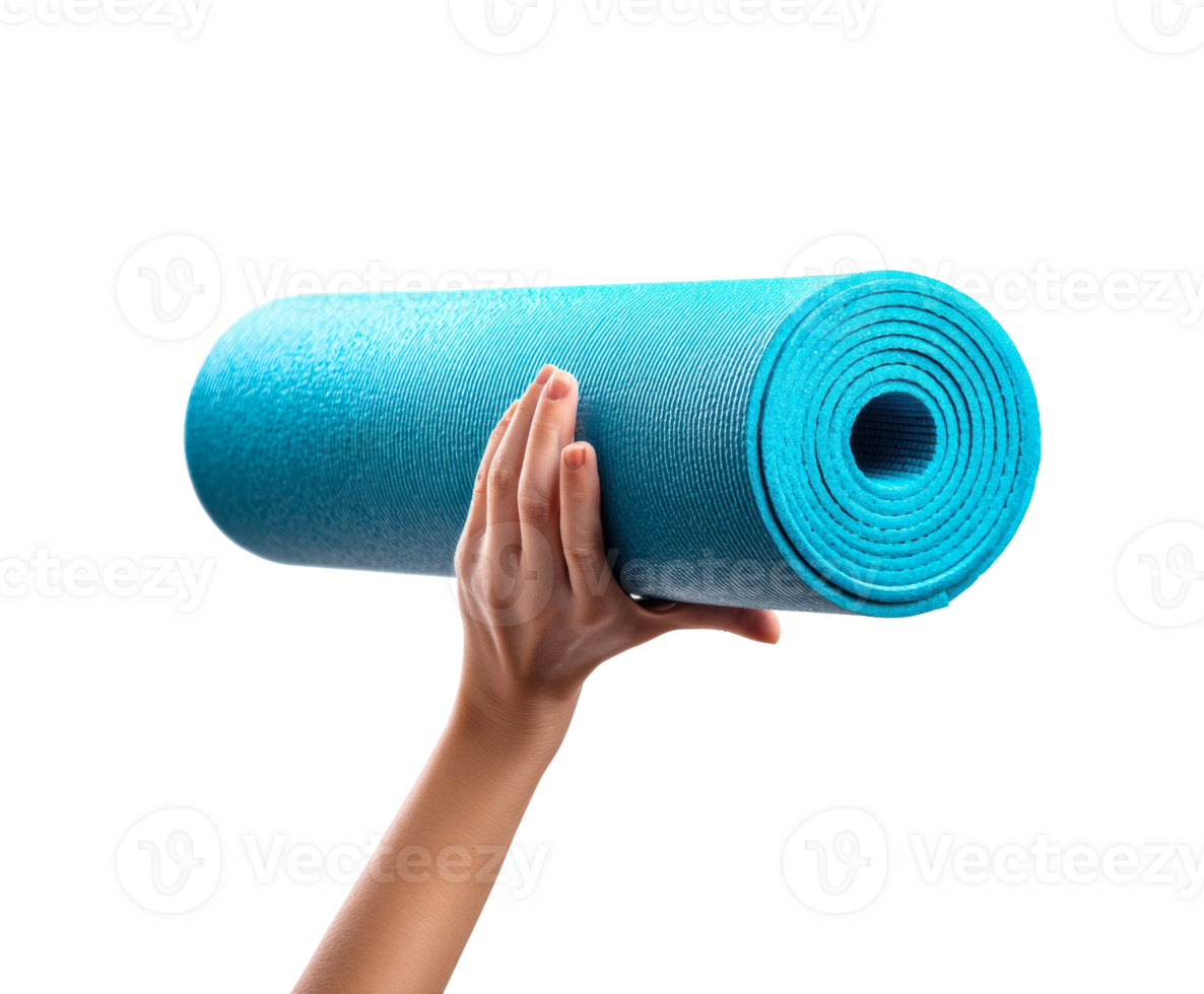 Hand holding a rolled up turquoise yoga mat for exercise practice png