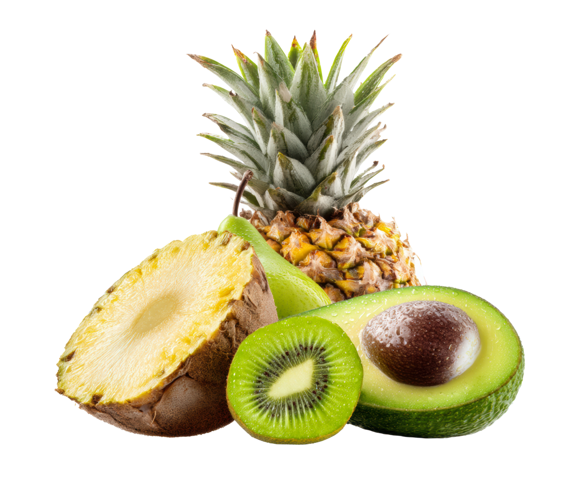 Tropical fruit assortment featuring avocado, pineapple, kiwi, and pear png
