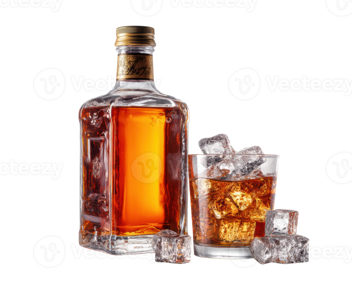 Classic whiskey and ice in a glass with a bottle on display png