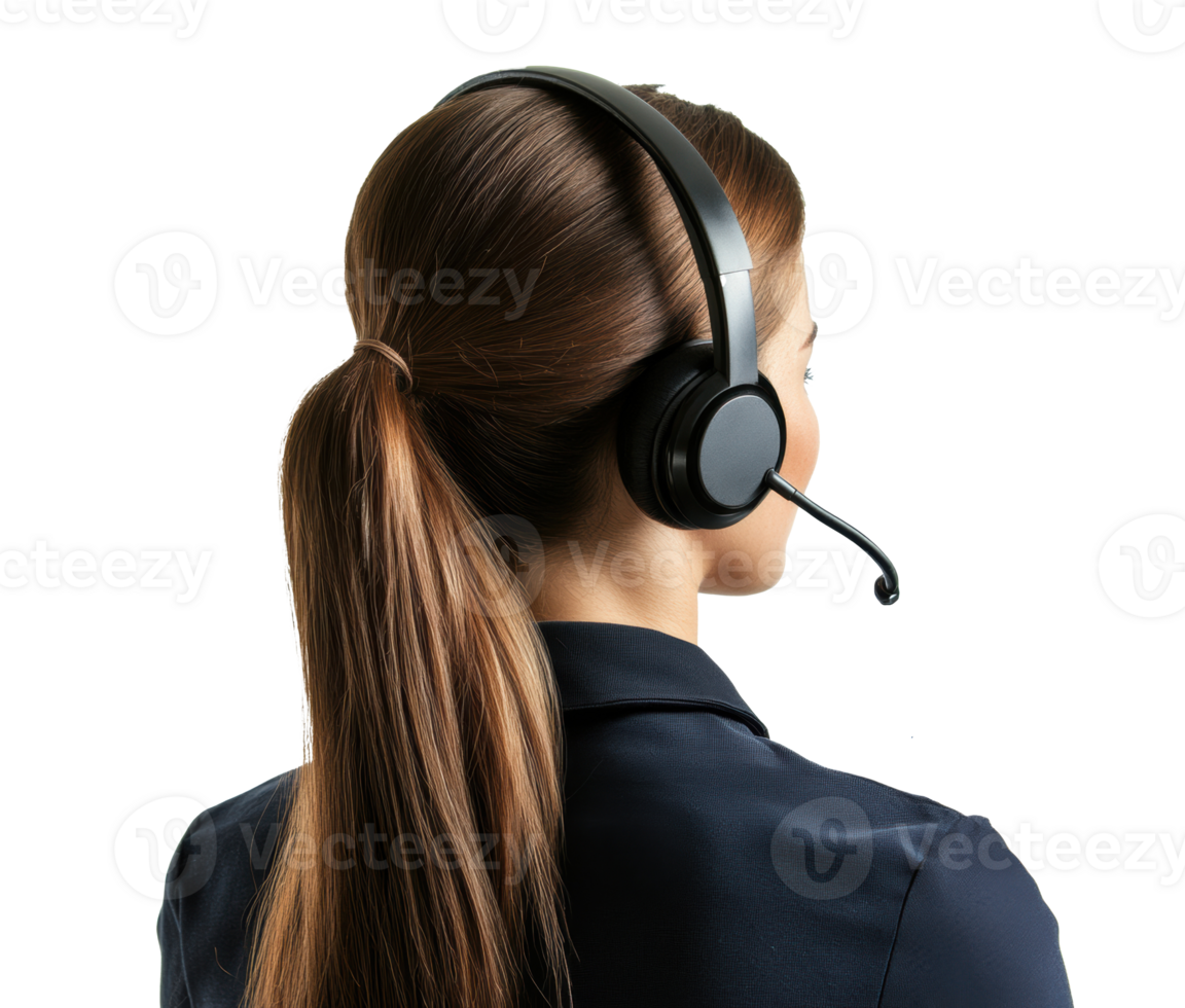 Professional woman wearing headset in office setting for remote work png