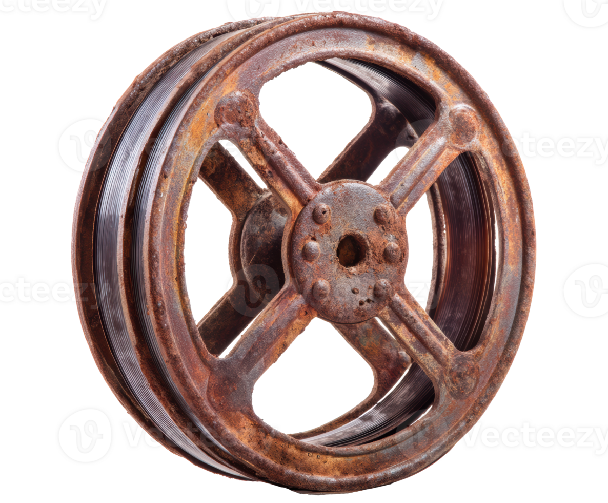 Vintage rusty wheel with unique design for antique decor png