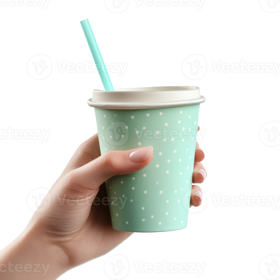 Stylish mint green cup held by a hand with a straw for drinks png