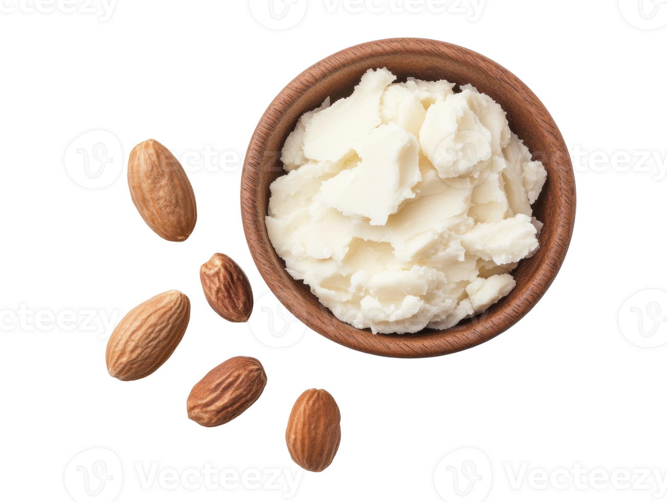 Almond butter in a wooden bowl with whole almonds scattered png