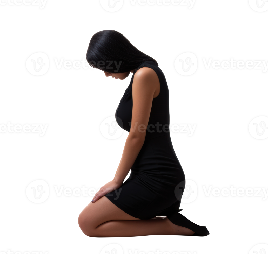 Emotional reflection of a woman in a black dress during introspection png