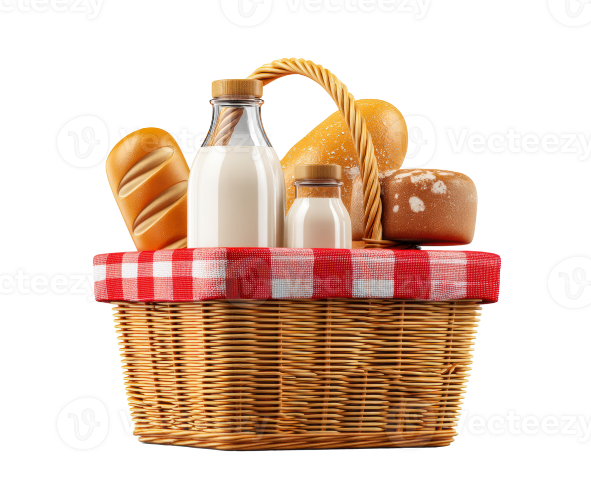 Fresh bread and milk in a picnic basket for a delightful snack png