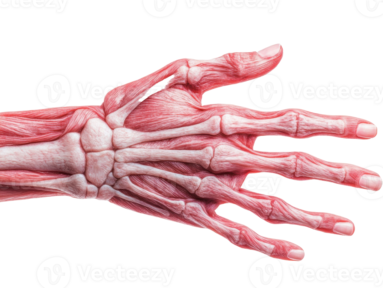 Anatomy of a human hand showcasing muscles and bones in detail png