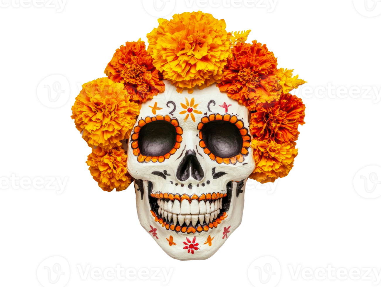 Sugar skull adorned with marigolds for Day of the Dead png