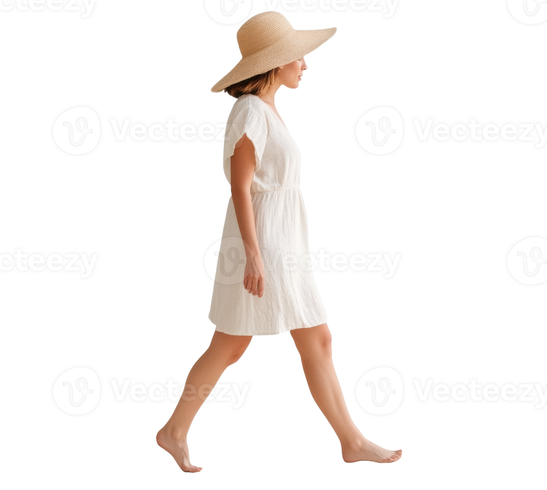 Woman walking on beach in summer dress and sun hat png