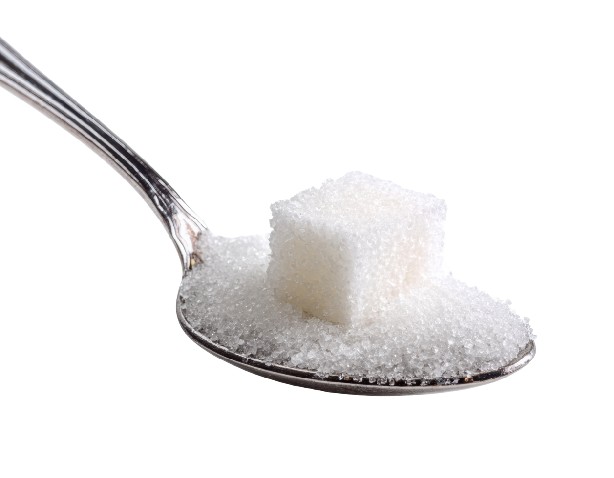 Sweet granulated sugar with a sugar cube on a silver spoon png