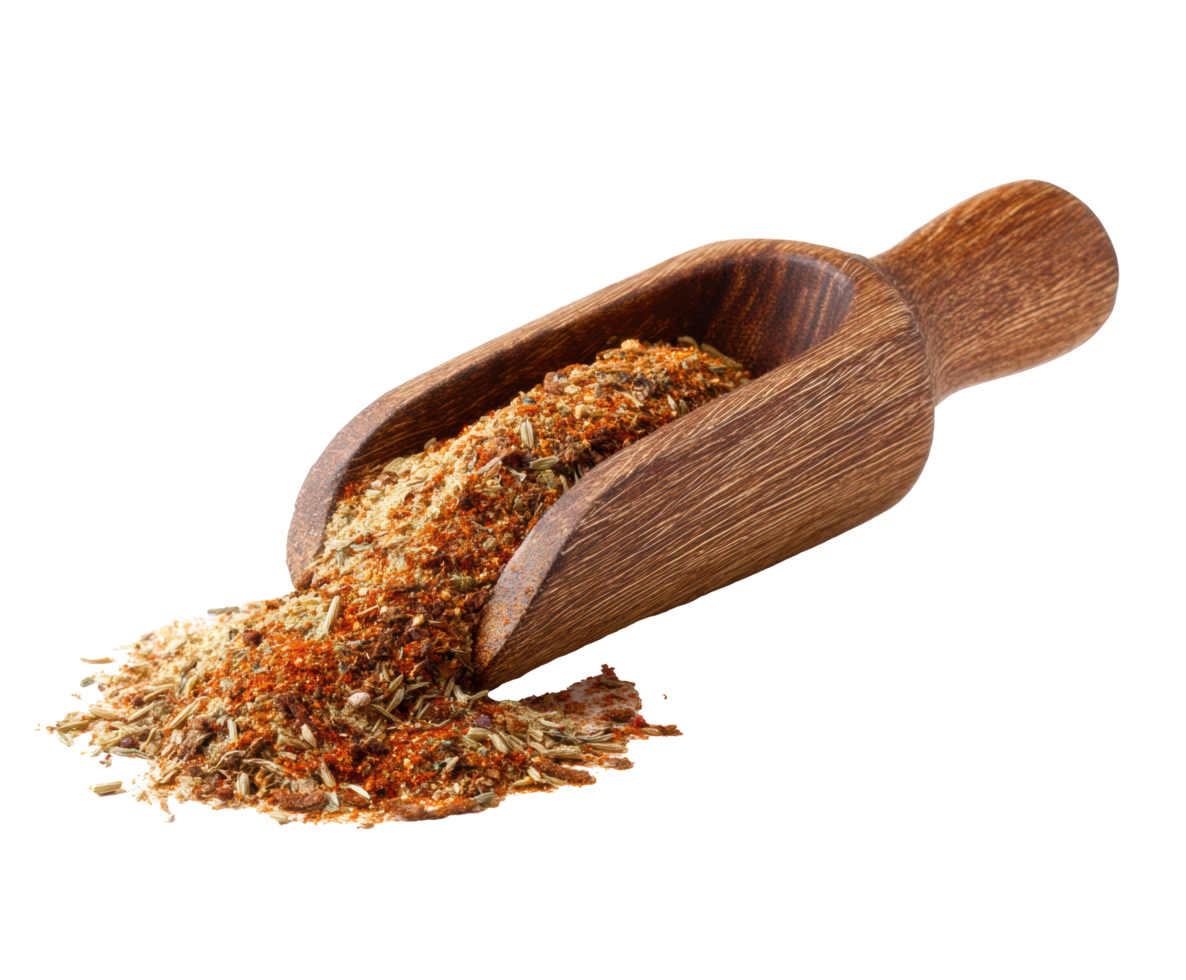 Flavorful spice blend in wooden scoop for culinary creations png