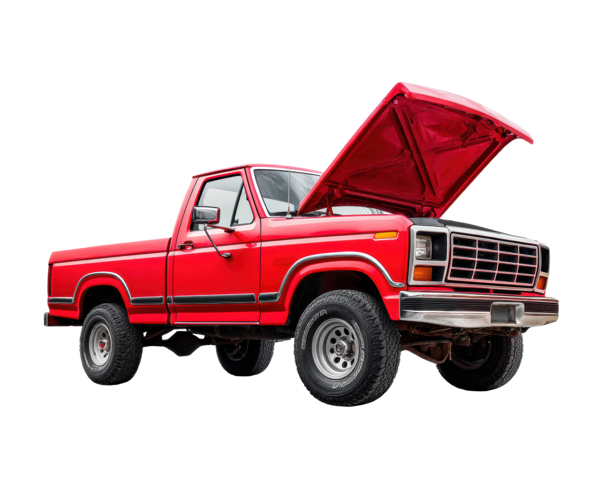 Classic red pickup truck with open hood for repair insights png