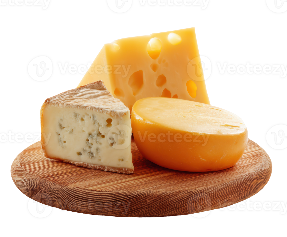 Assorted cheese selection on a wooden board for gourmet tasting png